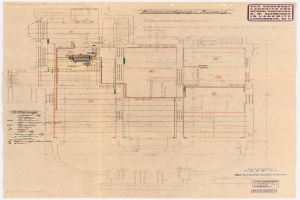 Schwarz-weißer Architekturplan des Rosenhof-Krankenhauses in Hamburg, Deutschland, der detaillierte Layouts mit zahlreichen Drähten zeigt, die auf elektrische oder strukturelle Pläne hinweisen, sowie begleitende Textanmerkungen.