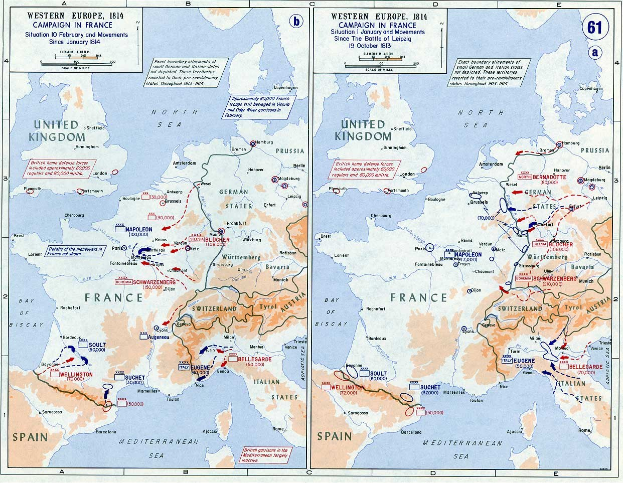 Eine historische Posterkarte von Europa während der Schlacht von Leipzig, unterteilt in Abschnitte für Europa und Frankreich, mit nummerierten Regionen und beschrifteten geographischen Merkmalen.