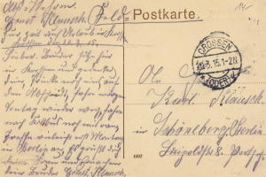 Eine alte Postkarte von Deutschland nach Deutschland datiert auf den 15-15-1912 mit handgeschriebener Text und einem Stempel in der rechten oberen Ecke.