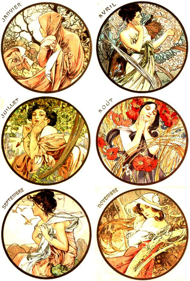 Ein Plakat mit sechs Frauen in verschiedenen Posen, mit fetter Schrift und einem dekorativen Rahmen, überwiegend in Blau-, Grün- und Gelbtönen.