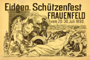Ein Vintage-Plakat, das das Eidgen Schützenfest in Frauenfeld, Deutschland bewirbt, zeigt einen Mann in einem Anzug und eine Frau in einem Kleid nebeneinanderstehend, mit Ereignisinformationen darauf geschrieben.