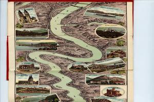 Alte Karte des Rheins in Deutschland in einem Photo-Frame eingerahmt, mit Illustrationen von Gebäuden, Bäumen und Wasser darum herum.