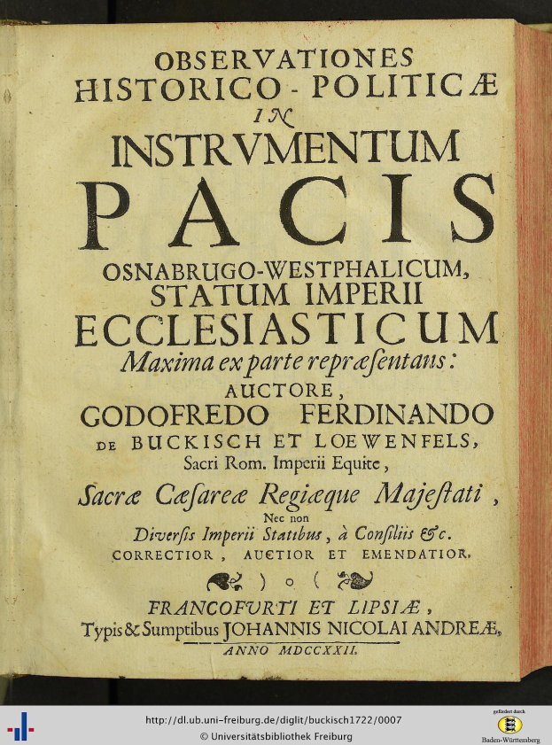 Altes Buch mit dem Titel "Beobachtungen Historico-Politica in Instrumentum Pacis" geöffnet auf einer Seite mit schwarzer Tinte innerhalb eines dekorativen Rahmens.