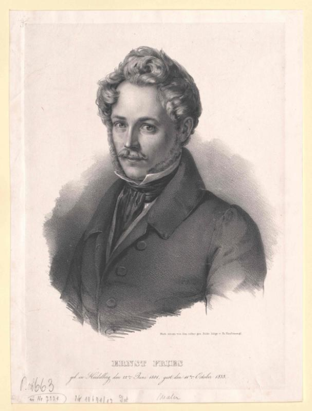 Schwarz-weiß-Porträt von Ernst Frühls, einem deutschen Komponist und Pianisten, der einen Anzug trägt und einen Schnurrbart hat sowie einen ernsten Gesichtsausdruck, mit deutschem Text unten.