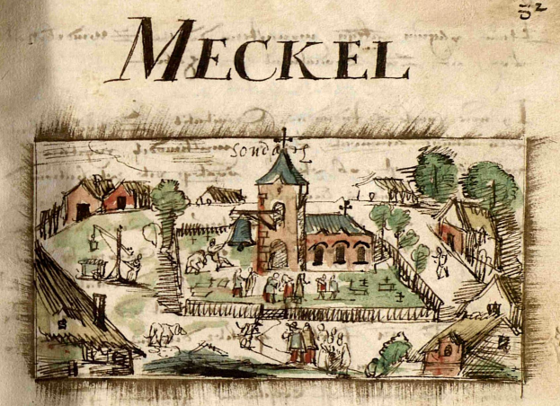 Ein altes Buch mit einer Zeichnung einer mittelalterlichen Stadt, das Häuser, Bäume und Menschen zeigt, mit beschreibendem Text.