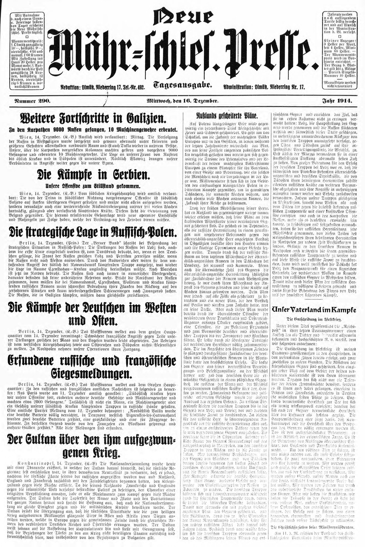 Titelseite einer deutschen Zeitung vom 18. September 1914 mit einem Schwarz-Weiß-Foto eines Mannes im Anzug und Krawatte sowie der Überschrift 'Deutsches Reichstag, Vol 1, No 1'.