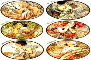 Ein Plakat mit sechs Frauen in verschiedenen Posen, mit fetter Schrift und einem dekorativen Rahmen, überwiegend in Blau-, Grün- und Gelbtönen.