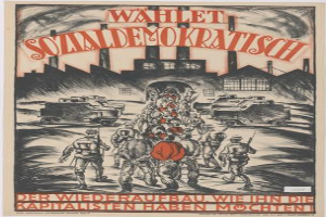 Ein deutscher Propagandaplakat für die Nationalsozialistische Deutsche Arbeiterpartei, das eine Gruppe von Menschen und Fahrzeugen im Vordergrund zeigt, ein Gebäude im Hintergrund, mit dem Text "Wahlet Sozialdemokratisch - der Wiederaufbau wiehn die Kapitalisten haben mochten".