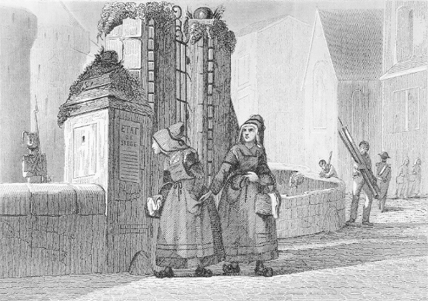 Schwarz-weiß-gravur von zwei frauen, die vor einem gebäude stehen, mit einigen anderen leuten im hintergrund, betitelt "viktorianische Frauen in der Stadt London."