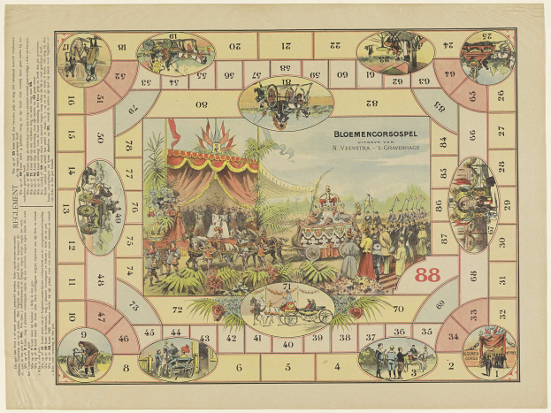 Ein buntes Brettspiel mit einem Zirkus-Thema und nummerierten Feldern, Illustrationen von Menschen, Tieren, Pflanzen und Gegenständen und etwas Text auf dem Brett.