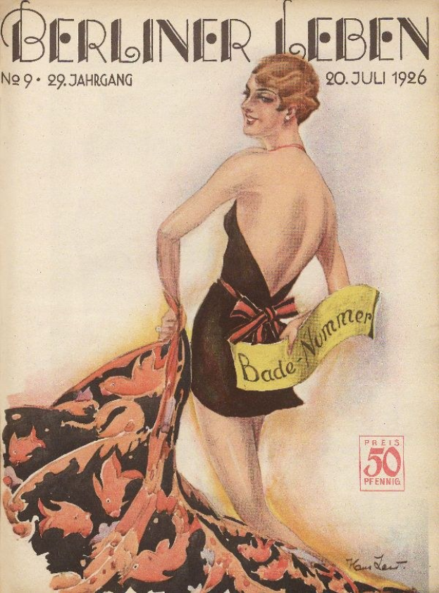 Titelbild der Berliner Leben Zeitschrift aus Juni 1926 mit einer Frau in einem Badeanzug, die ein Tuch hält, und dem Zeitschriftennamen darüber.