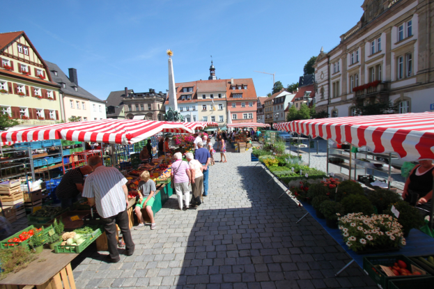 Ein belebter Markt im historischen Stadtzentrum von Heidelberg, Deutschland, mit Menschen, die spazieren gehen, auf Bänken sitzen und um Zelte stehen, sowie Gemüsekörbe auf Tischen, Gebäuden mit Fenstern, Bäumen und einem klaren blauen Himmel.