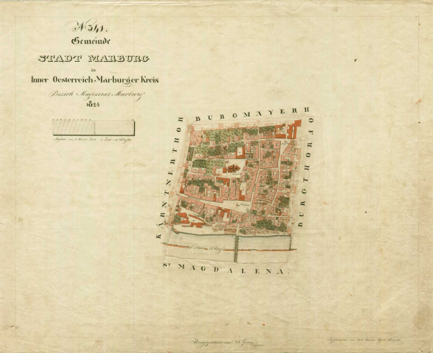 Detailierte alte Karte von Stadt Marburg, die Straßen, Gebäude und Sehenswürdigkeiten zeigt, mit begleitendem Text über die Bevölkerung und bemerkenswerte Merkmale der Stadt.