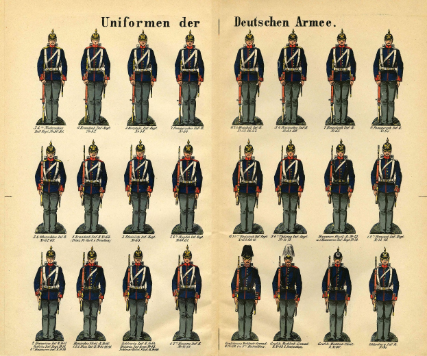 Ein Buch, das ein Raster verschiedener deutscher Armee-Uniformen mit unterschiedlichen Designs und Farbschemata zeigt, begleitet von beschreibendem Text.