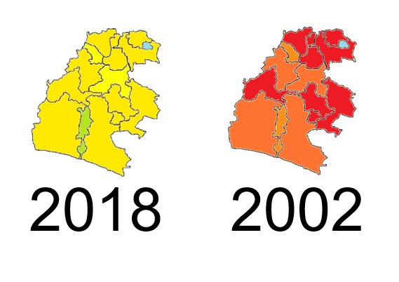 Karte von Deutschland, die die provinziellen Grenzen von 2002 in rot, 2018 in gelb und überlappende Bereiche in orange auf einem weißen Hintergrund mit Text zeigt.