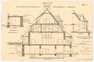 Ein detailliertes architektonisches Zeichnung eines Hauses mit zahlreichen Fenstern und einem Dach, das als erstes Haus in Deutschland bezeichnet wird, begleitet von Text und strukturellen Plänen auf Papier.