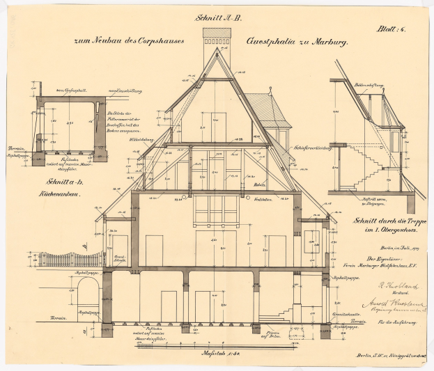 Ein detailliertes architektonisches Zeichnung eines Hauses mit zahlreichen Fenstern und einem Dach, das als erstes Haus in Deutschland bezeichnet wird, begleitet von Text und strukturellen Plänen auf Papier.