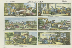 Eine Seite aus einem Buch mit einer Cartoon-Illustration einer Gruppe von Menschen in einer Fabrik, begleitet von Text und zusätzlichen Bildern, die die Szene erläutern.