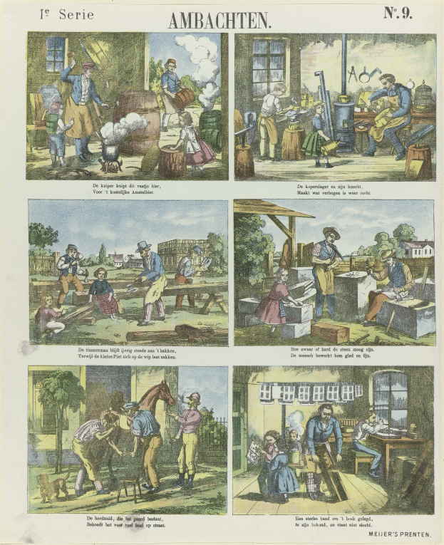 Eine Seite aus einem Buch mit einer Cartoon-Illustration einer Gruppe von Menschen in einer Fabrik, begleitet von Text und zusätzlichen Bildern, die die Szene erläutern.