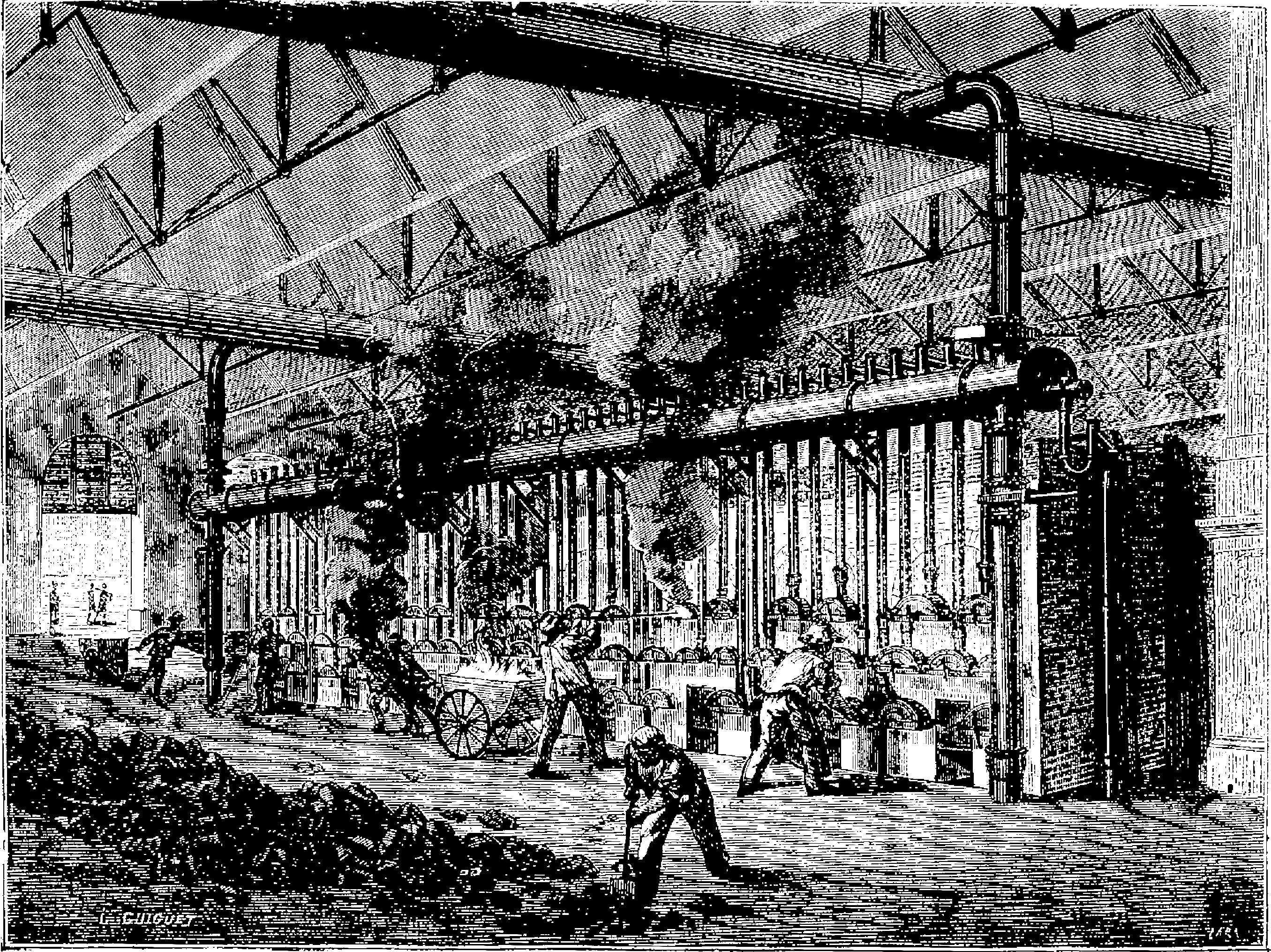 Schwarze und weiße Illustration einer geschäftigen Stahlmühle aus den 1910er Jahren mit Arbeitern, Maschinen und Industriegebäuden.