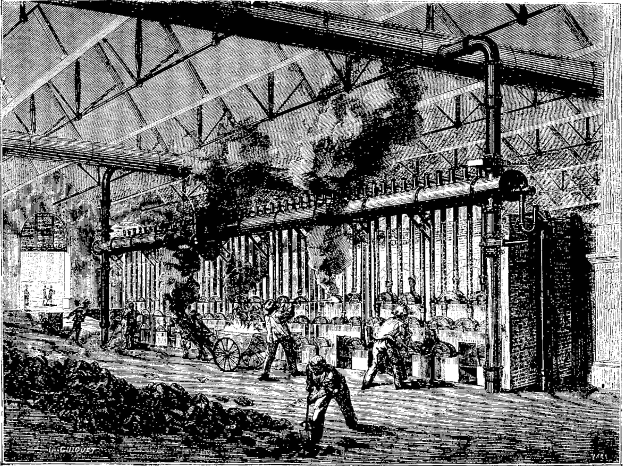 Schwarze und weiße Illustration einer geschäftigen Stahlmühle aus den 1910er Jahren mit Arbeitern, Maschinen und Industriegebäuden.