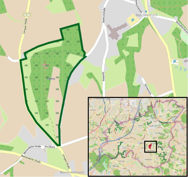 Ein detaillierter Stadtplan, der einen zentralen grünen Bereich markiert, der für die geplante Entwicklung vorgesehen ist, mit umliegenden Straßen, Gebäuden und Sehenswürdigkeiten.
