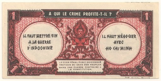 Alte französische Banknote mit ernstem Mann im Anzug und der Frage "A qui le crime profite-il?" auf weißem Hintergrund mit schwarzem Rand.