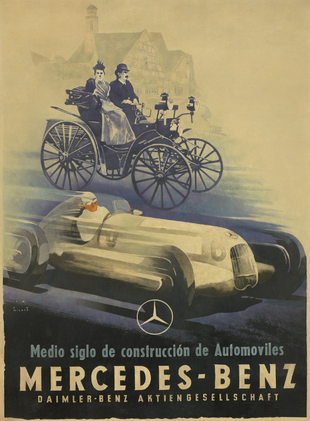 Vintage-Werbung für Mercedes-Benz aus den 1930er Jahren mit einem Plakat, das ein Auto, zwei sitzende Personen und ein Geb├Ąude im Hintergrund zeigt, begleitet von beschreibendem Text.