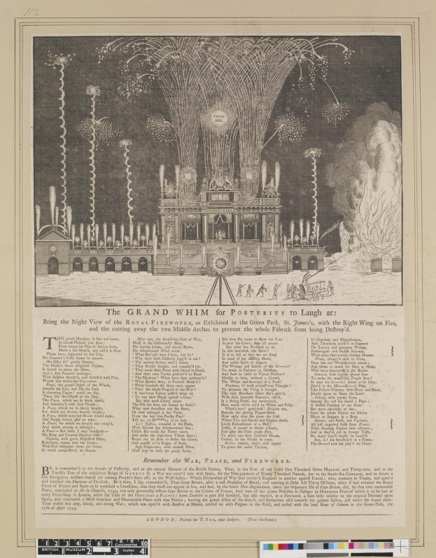 Schwarze-weiße Illustration einer prächtigen, fantastischen Struktur, die "The Royal Fireworks" heißt und deren rechtes Flügel Feuer gefangen hat, begleitet von handgeschriebenem Text, im St. James' Green Park.