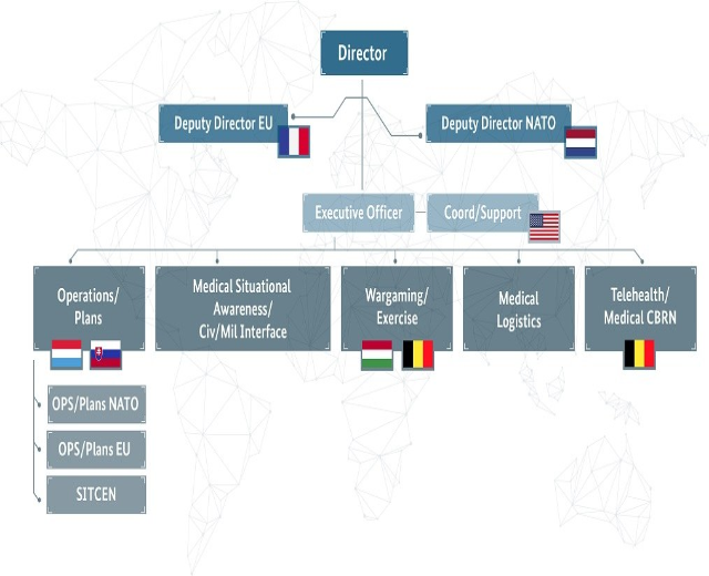 Diagramm der organisationalen Struktur der Europäischen Union mit Flaggen der Mitgliedsländer und beschrifteten Abteilungen und Rollen.