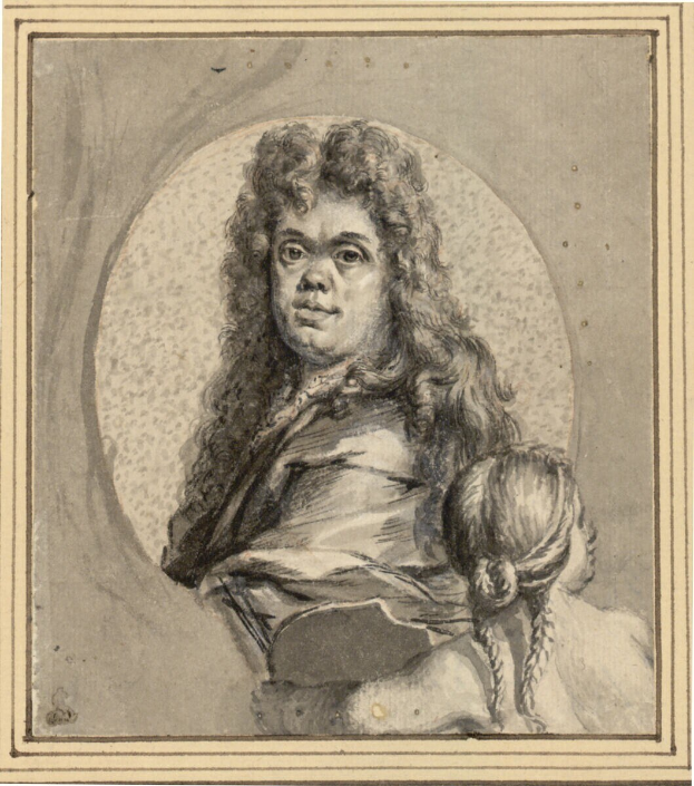 Ein Porträt eines Mannes mit langen Haaren und einem ernsten Gesichtsausdruck, der nach vorne schaut, neben einer Frau, die ein Kind hält und einen sanften Gesichtsausdruck hat, beide schauen direkt auf den Betrachter.