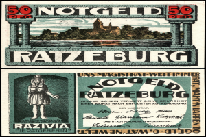 Alte deutsche Banknote mit einer Frau vor Bäumen, einem Gebäude und einem Himmel, mit dem Text "Ratzburg"