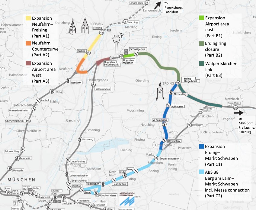 Ein detaillierter Stadtplan mit einer hervorgehobenen Bahnroute von München nach Frankfurt, der Haltestellen, die Umgebung und Bahn Details wie Länge und Entfernung zeigt.