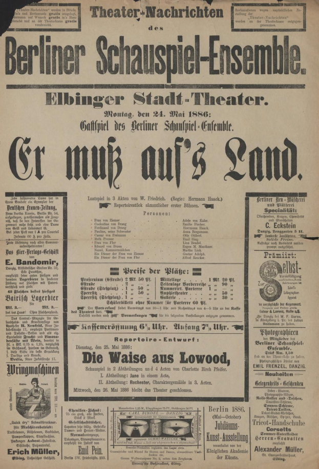 Schwarz-weiß-Anzeige in einer Zeitung aus dem Jahr 1866 für das Berliner Schauspiel-Ensemble mit einem Mann im Anzug und Krawatte.