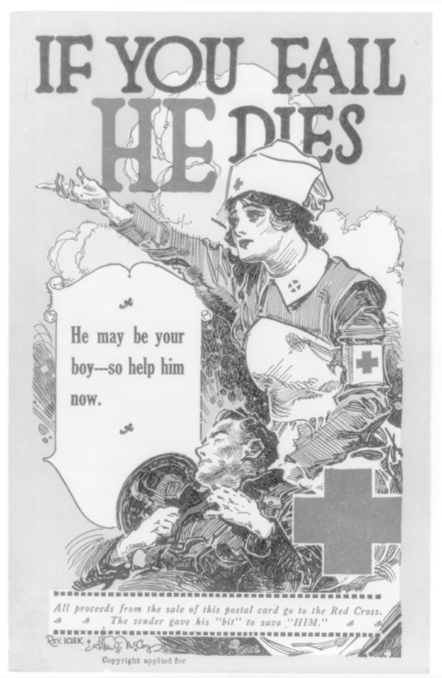 Schwarzes und weißes Plakat mit einer entschlossenen Frau und einem besorgten Mann und dem Text "Wenn du scheiterst, stirbt er, er könnte dein Junge sein - also hilf ihm jetzt" darüber.