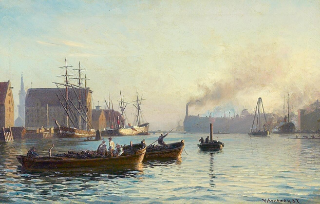 Gemälde mit dem Titel "Der Hafen von Hamburg", das Boote auf Wasser in der Nähe einer Stadt mit Menschen in den Booten und Gebäuden im Hintergrund zeigt, Öl auf Leinwand.