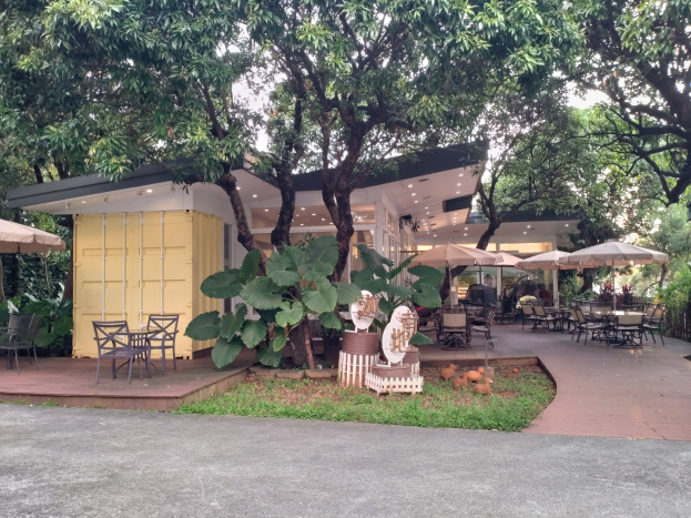 Outdoor-Café mit Tischen und Stühlen unter Sonnenschirmen in einer Parkumgebung, umgeben von Bäumen, mit einer Straße und einem Gebäude im Hintergrund.