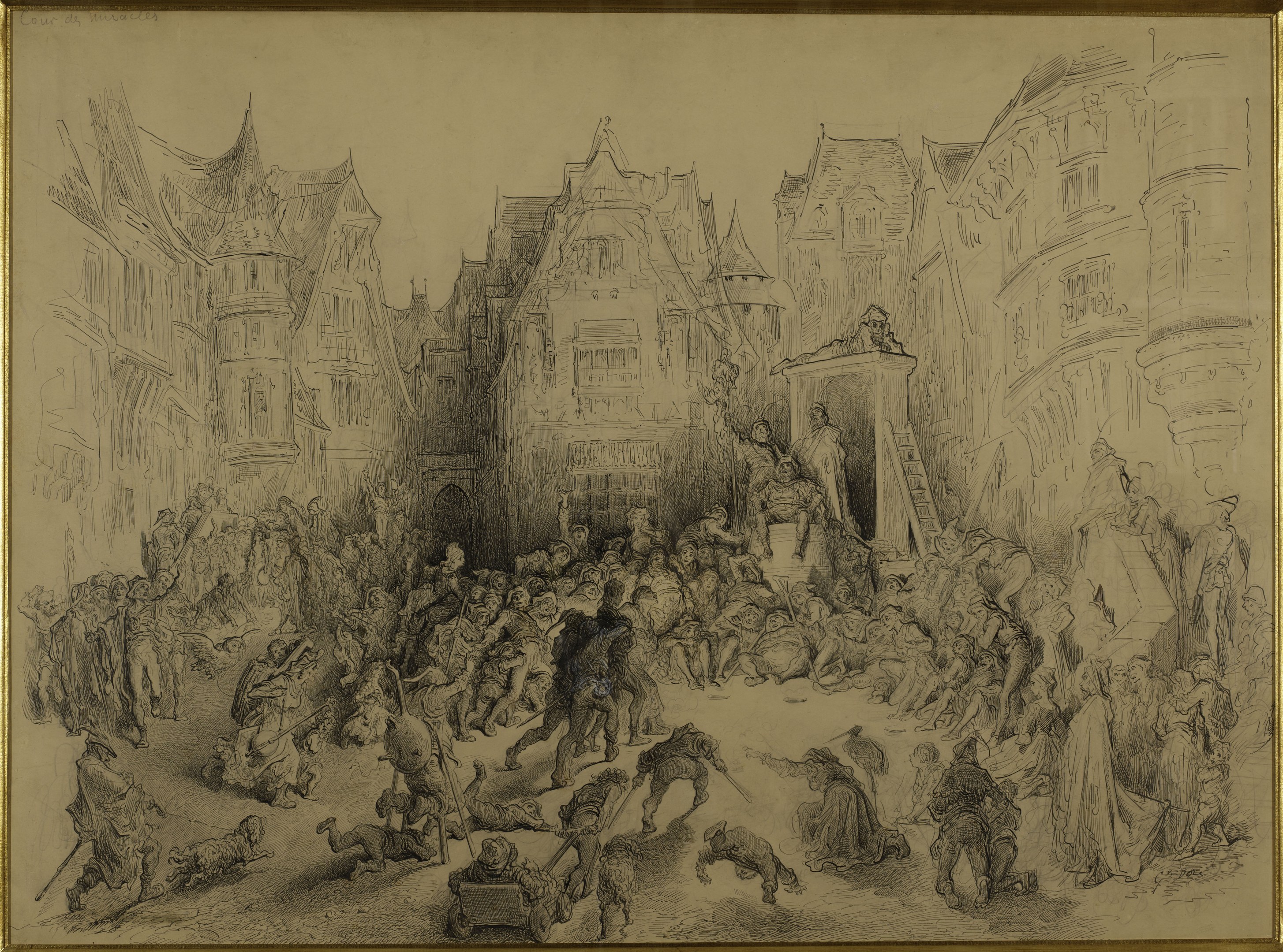 Ein gerahmtes Bild einer belebten Stadtstraße mit Menschen, die stehen und sitzen und eine lebhafte Atmosphäre schaffen, mit Gebäuden im Hintergrund.