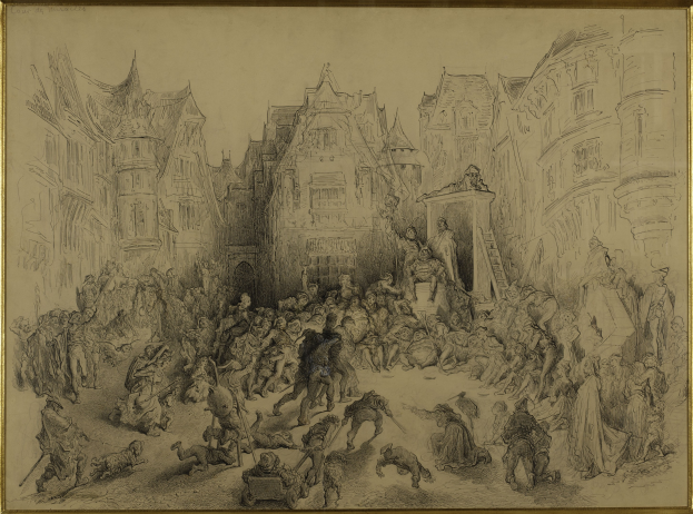 Ein gerahmtes Bild einer belebten Stadtstraße mit Menschen, die stehen und sitzen und eine lebhafte Atmosphäre schaffen, mit Gebäuden im Hintergrund.