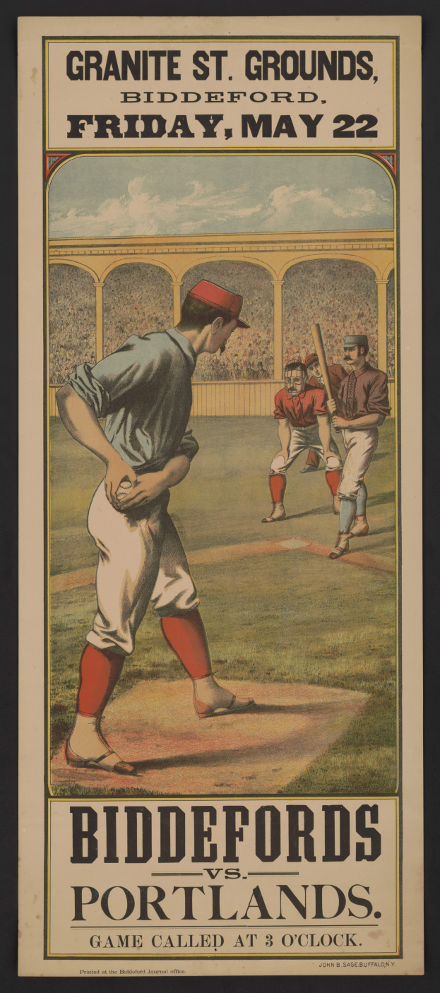 Plakat eines Baseball-Spiels zwischen Biddeford und Portland mit einem Mann in Baseball-Uniform und entschlossener Miene