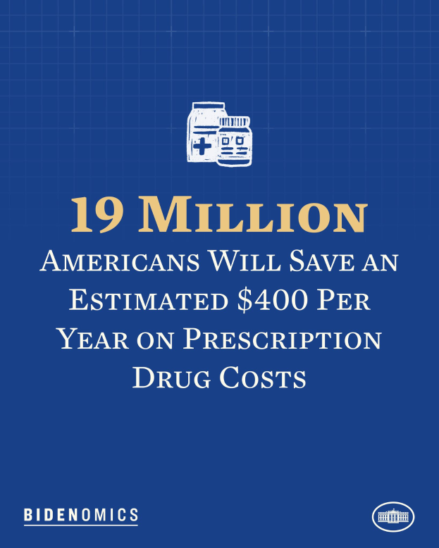 Ein blauer Hintergrund mit weißer Schrift und einem Logo, das "19 Millionen Amerikaner werden geschätzte 400 USD pro Jahr an Arzneimittelkosten sparen" zeigt.