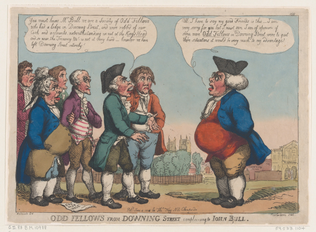 Zeichnung von Menschen vor einem Gebäude mit Bäumen und Himmel, beschriftet mit "odd fellows from downing street complaining to John Bull" unten.