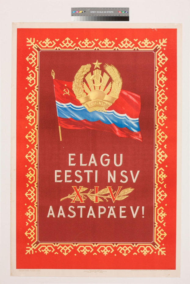 Plakat mit rotem Hintergrund und russischer Flagge mit Krone darauf.