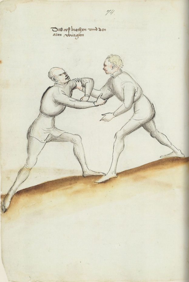 Zwei Männer in tätlichem Streit, einer wirft einen Schlag auf den anderen, der auf einem Papier mit Text steht.