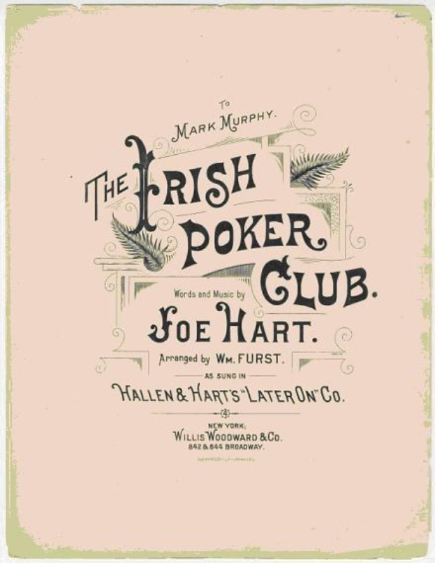 Plakat mit der Aufschrift "The Irish Poker Club" in fetter schwarzer Schrift auf einem weißen Hintergrund, umrahmt von einem schmalen schwarzen Rand, mit einer bunten Shamrock-Illustration.