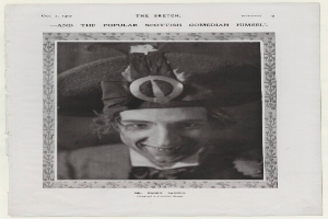 Ein Schwarz-Weiß-Foto eines grinsenden Mannes mit Hut, mit Text oben und unten 'The Sketch and the Popular Scottish Comedian Himself'.