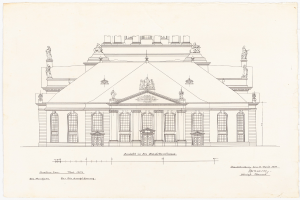 Eine detaillierte Zeichnung der Schlosshof-Gebäudefassade in Dresden, Deutschland, mit zahlreichen Fenstern und Statuen, skizziert auf Papier mit begleitendem Text.