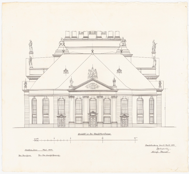 Eine detaillierte Zeichnung der Schlosshof-Gebäudefassade in Dresden, Deutschland, mit zahlreichen Fenstern und Statuen, skizziert auf Papier mit begleitendem Text.