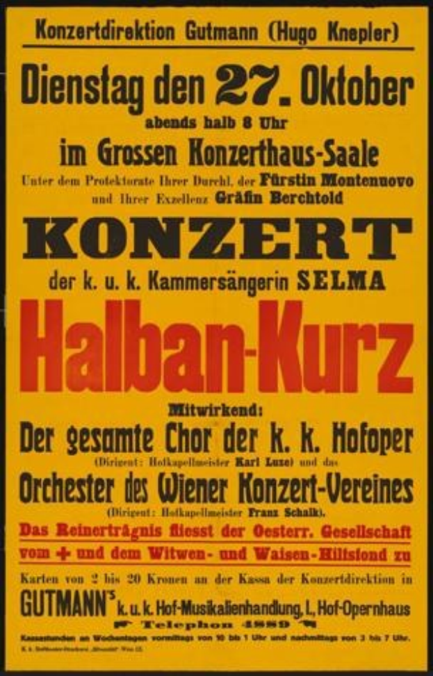 Gelbes Plakat in Berlin, Deutschland, das ein Konzert mit dem Text "Konzert Halban-Kurz" ankündigt.