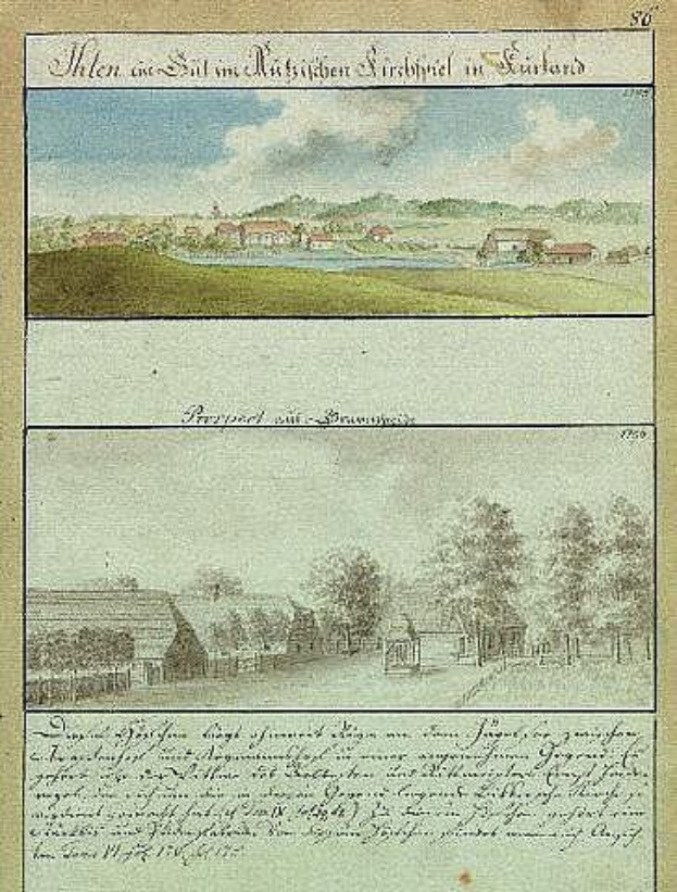 Ein altes Buchblatt mit einer Zeichnung eines Dorfes, umgeben von Bäumen, Häusern und Gras unter einem bewölkten Himmel, mit der Inschrift "München, Deutschland, 1750-1790, Landschaft mit einer Ansicht der Stadt München".